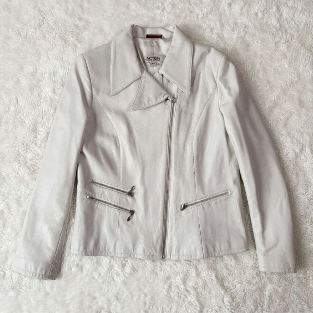VTG Acton Woman Off White Leather Moto Biker Jacket MEDIUM Western Classic Y2K